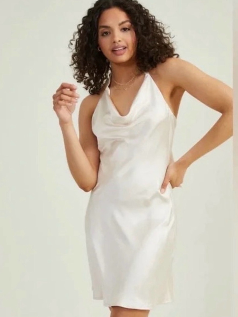 Altar'd State Daphne Halter Satin Dress in Champagne, bow back detail, size XS